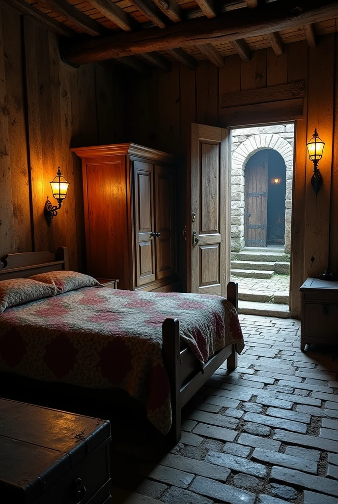 A room in an old tavern with a bed, a wardrobe, a chest, and a wooden entrance door.
