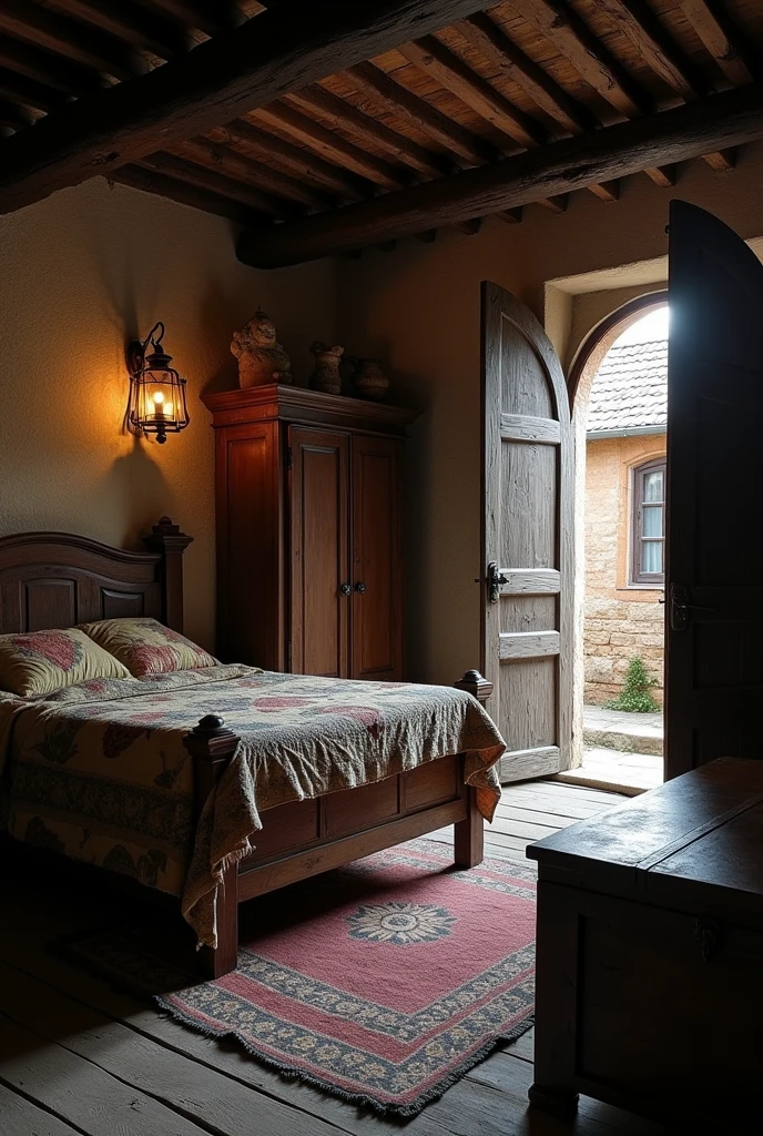 A room in an old tavern with a bed, a wardrobe, a chest, and a wooden entrance door.