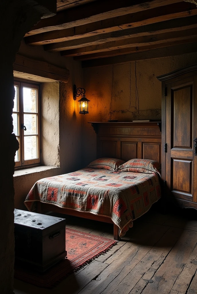 A room in an old tavern with a bed, a wardrobe, a chest, and a wooden entrance door.