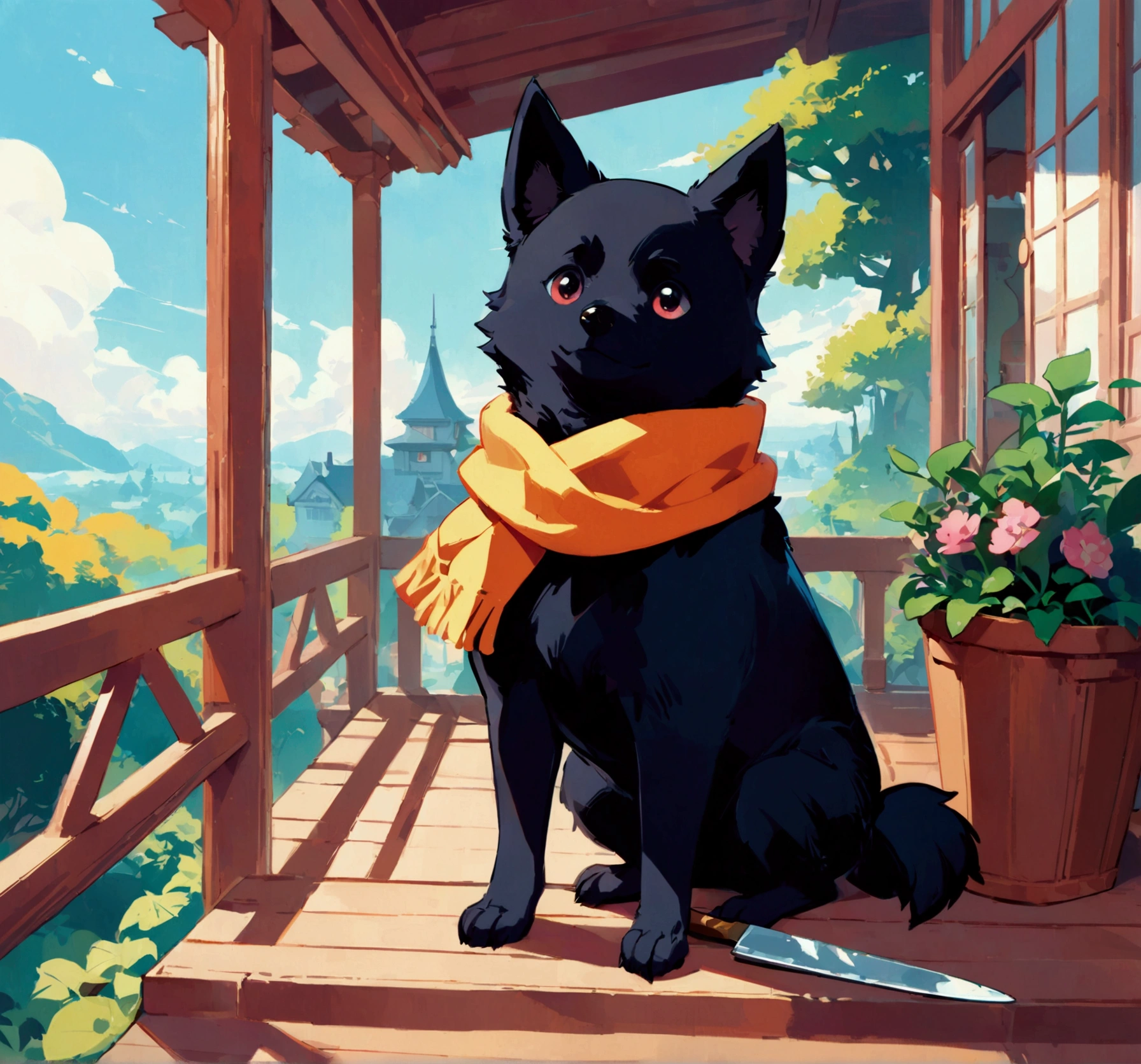 Digital art of a schipperke on a porch, wearing a scarf around the neck, cartoony style of laurie greasley, studio ghibli, akira toriyama, james gilleard, genshin impact, trending pixiv fanbox, acrylic palette knife, 4k, vibrant colors, trending on artstation, low details