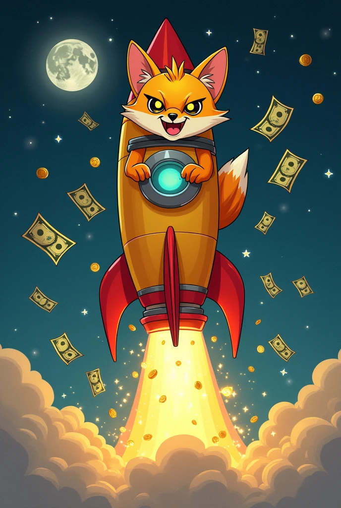 1 fox, on_rocket, money_out of rocket,evil expression, Evil_fox, rocket to moon, yellowish orange fox, Goofy art