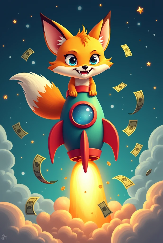 1 fox, on_rocket, money_out of rocket,evil expression, Evil_fox, rocket to moon, yellowish orange fox, Goofy art