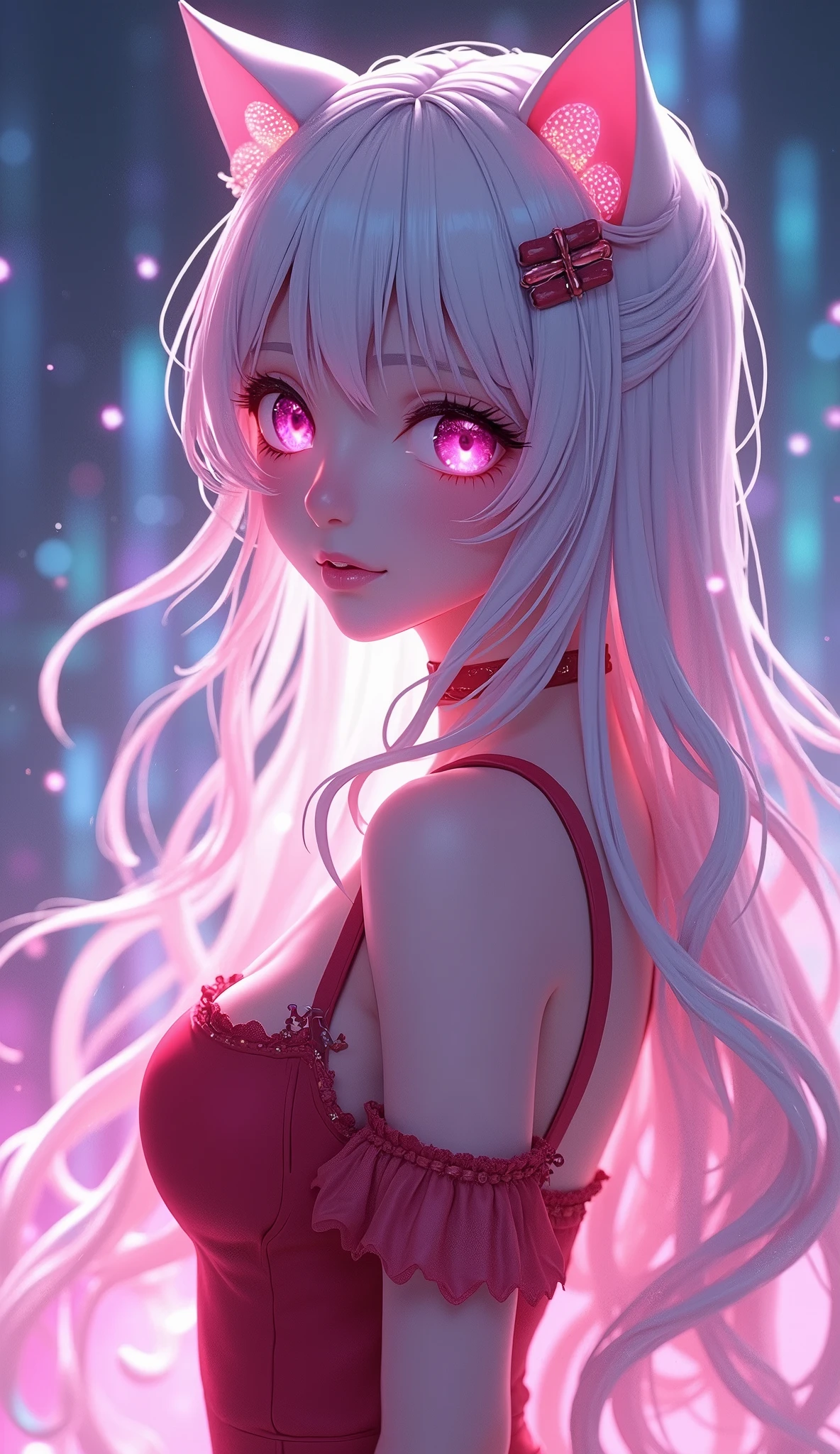 photorealistic,Realistic illustration in Modelshoot style,((masterpiece)),((The best quality)),((Ultra Quality)),((ultra detailed)),((1girl long white hair)),((Only)),((waifu:1.5)),Perfect anatomy,perfect hands,beautiful cuerpo,beautiful_method,ulzzang-6500-v1,e-chica,Exceptionally Beauty Waifu Princess Mary R., intricate details, realist, photorealist, Full Body Portrait, Instagram Photo of a woman wearing aretes, Mary R., inspired by Emma Andijewska, wrapped in crystals,(masterpiece:1.3), (Best Quality:1.3), (Ultra-detailed:1.2), ((kawaii)), Cute, (lovely), ((sexy)), ((Extremely detailed)), 4K, (8K), Best Quality, (Beautiful), Illustration, anime style, (bold line:1.2), Gradation,(best quality, ultra-detailed, photorealistic: 1.39), bright and vibrant colors, studio lighting, (Perfect eyes:1.2), (Perfect iris:1.2), romantic kawaii expression, cute delicate smile, kawaii makeup, 17-year-old e-girl, short red dress, platinum braided and curl white hair, cat ears, big breasts, fit, long wavy hair, mercenary, Mary R.,((bright-pink_eyes)),long wavy hair,hair clips,eyeliner,cute makeup,lipstick,Glossy lipstick,with a look of terror, worry and sadness,((eyes detallados perfectos)),rainy with fog outside,evening,pink theme,bioluminiscencia,light particles,((Extremely CG Unity 8K Wallpaper)),((cinematic lighting,Best quality lights)),intricate details,Suave,sharp focus,Extremely beautiful and aesthetic,Octane rendering,Full length portrait,damp skin,((Perfect detailed body)),
