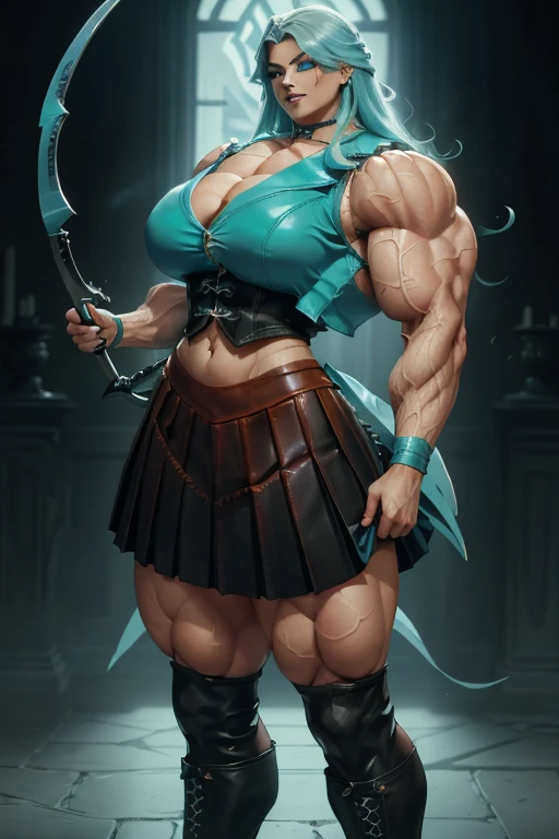 ((Close-up)), tall, (cyan hair) beautiful muscular woman, long beachy hair, pale white skinned, large breast, closed smile, (black lipstick), (massive muscles), (hyper muscle), ((ginormous bulky muscles)) orange eyes, (((cyan leather vest))), (((long pleated skirt))), ((carrying a cyan crescent scythe)), choker, boots, in a mystical school, 