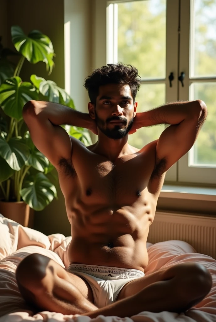 (photorealism:1.2), handsome Indian man,smelly his hairy armpits, hands placed behind his head, topless, sitting on bed, v shaped underwear, indoors, soft lighting, plants in background, window with sunlight, cozy room, relaxed pose, realistic, intricate details, warm colors, by Greg Rutkowski, by Alphonse Mucha. Penis bulging out of underwear, smelly his hairy armpits.