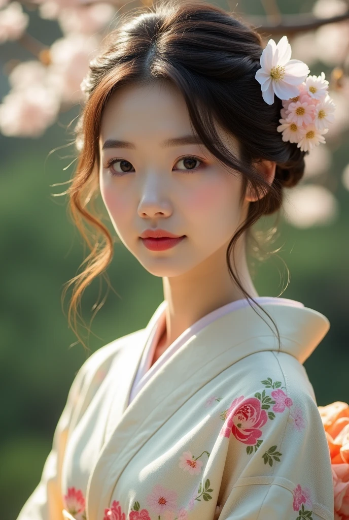 An elegantly dressed Japanese woman in natural light、A close-up of her chest and calm expression.、She exudes inner peace and outer charm.。are visible。