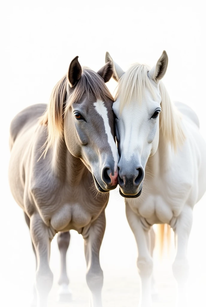 Illustration sur fond blanc. Un cheval gris pomelé gris-marron sur tout le corps et la tête, crins gris-marron clair, yeux marron, tâche rose sur le bout du nez à gauche.
Avec un autre cheval blanc, ils se grattent mutuellement le dos avec les dents
