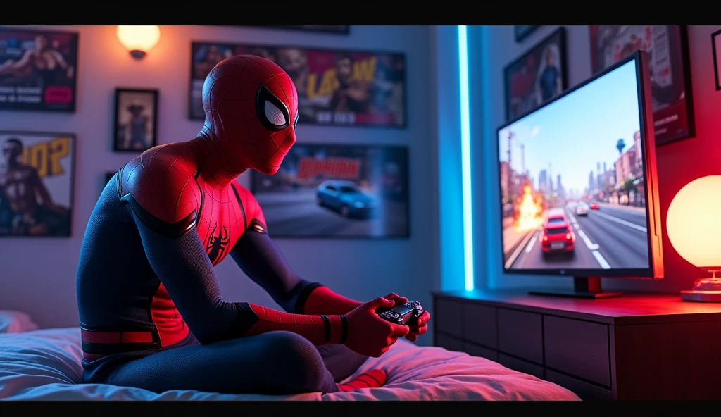 Spider-Man, in his 2022 film style with a sleek, modern suit, is sitting in his bedroom, deeply focused on playing GTA V on a PS5. The room has an action-packed feel, with dim neon lights, posters of superhero action scenes, and gadgets scattered around. He holds the PS5 controller tightly, with the TV screen showing intense gameplay from GTA V—high-speed car chases, explosions, and chaotic city scenes. Spider-Man’s posture reflects the focus and tension of the game, as if he’s navigating a real-life mission. The atmosphere is a blend of a high-tech, futuristic bedroom and the immersive action world of both GTA V and Spider-Man’s universe