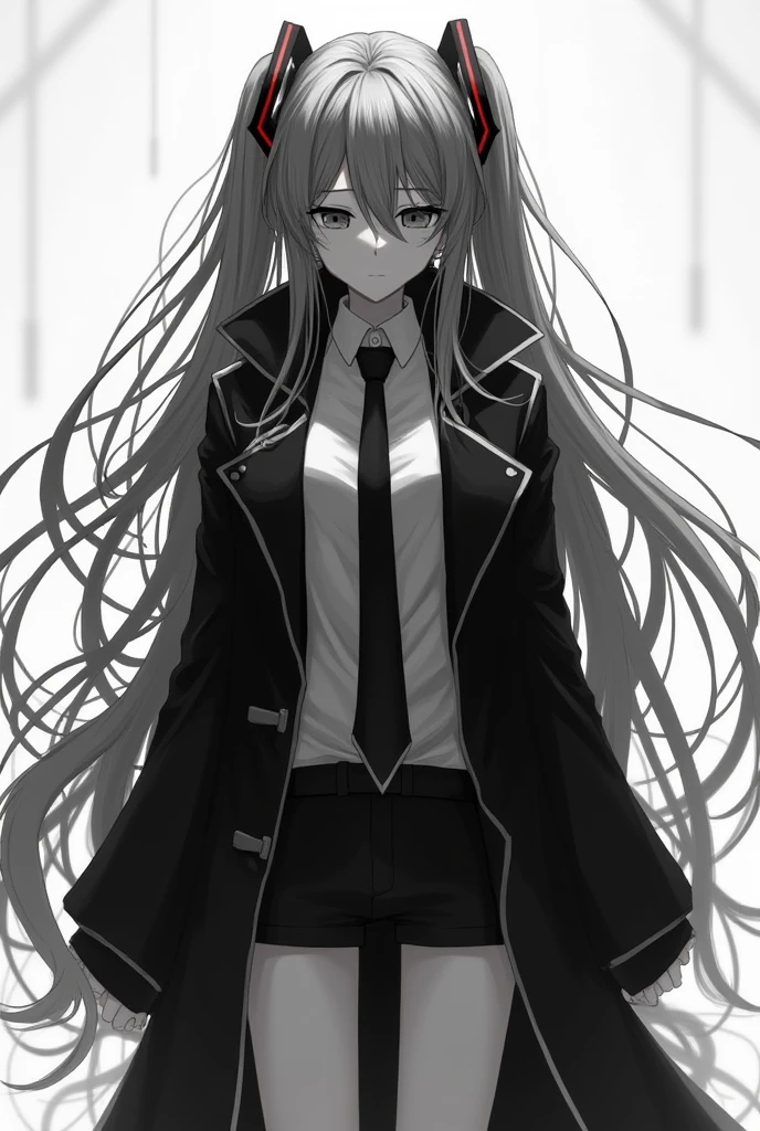 Hatsune Miku with messy long hair, her hands are hidden by a wide outer layer, she is wearing a tie, her pants are short and her thighs are exposed, she looks very sad, the image is black and white