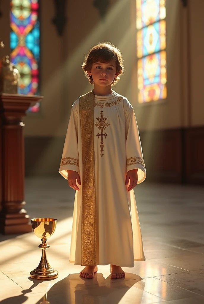 A drawing of Jesus with a on his side wearing altar boy clothing
