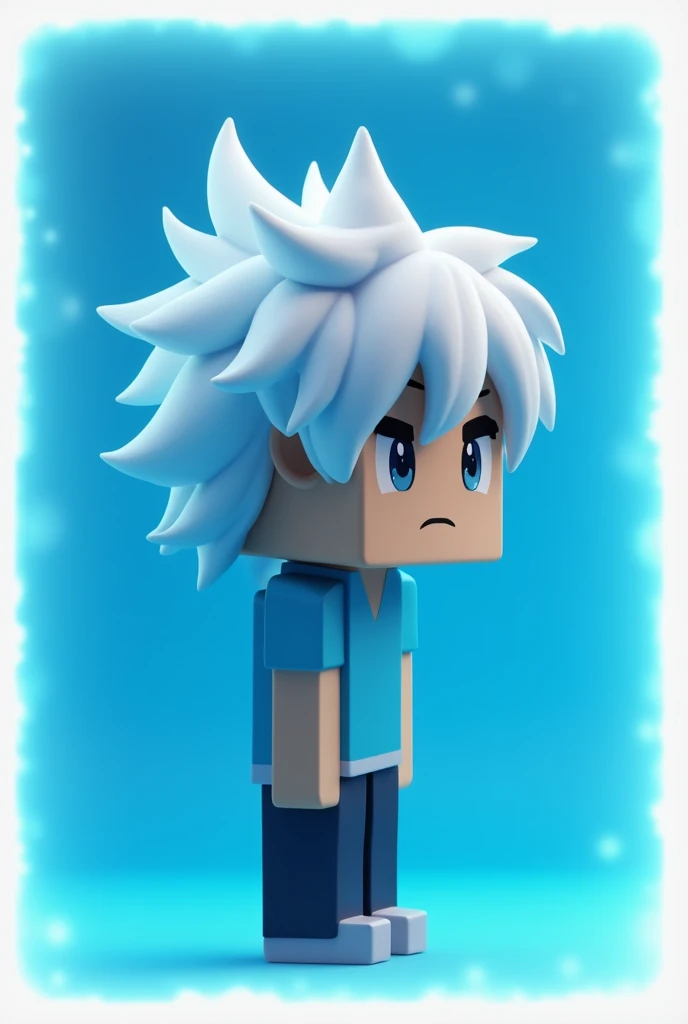 A Minecraft character, in 3d, white hair and gray eyes, I want a profile, and in the background it can be blue, with a luminous white border around it