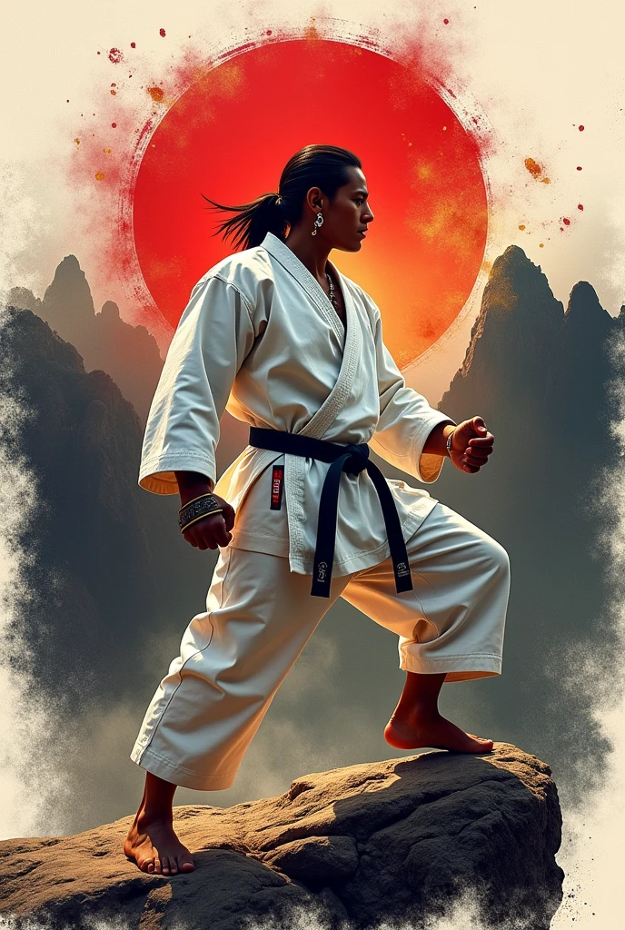 A painting in the format of a cell phone wallpaper of an Inca karateka with a white karate uniform and a black belt, Inca earrings, muscular, standing on a rock, combat position, barefoot, and in the background a silhouette of a painting in red, black, white, lead and pale green colors of Machu Picchu with flashes and paint stains of four colors  red, negro, white and gold 