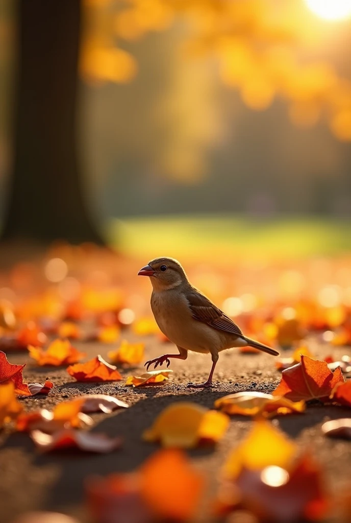 A sparrow hopping around on the ground in a sunlit park, with a scattering of autumn leaves around it.