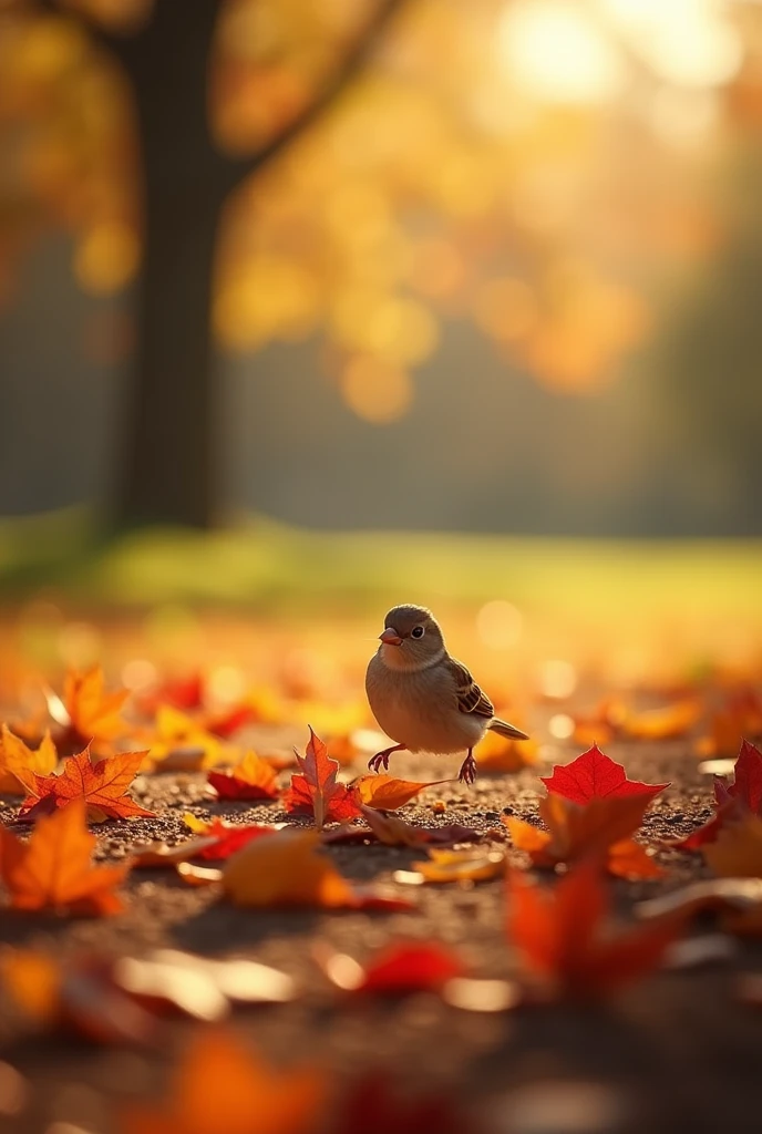 A sparrow hopping around on the ground in a sunlit park, with a scattering of autumn leaves around it.