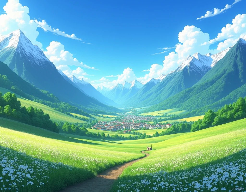 A breathtaking view of a vast, verdant valley, a picturesque village nestled amidst rolling hills and lush farmlands. Towering mountains capped with snow pierce the sky, their slopes painted with vibrant hues of green. A winding path through a field of white wildflowers leads the eye towards the village, bathed in the warm glow of the sun. Anime style, highly detailed, vibrant, serene
