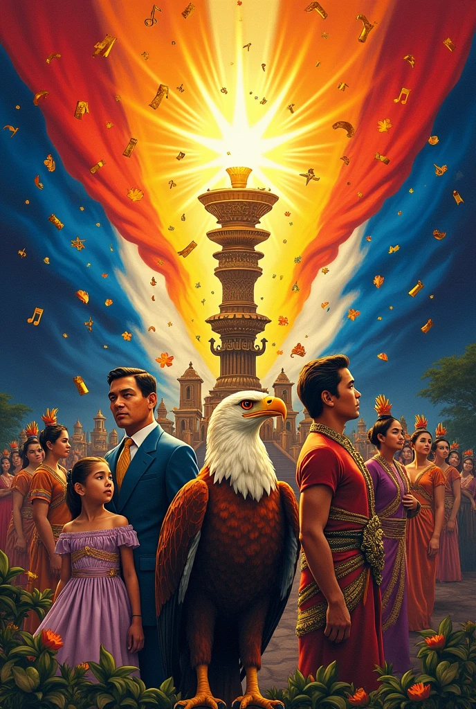 a poster of a Philippine eagle in the bottom with the color of the Philippine flag, a torch in the middle of the canvas with a singing note surrounding the torch, Manuel L Quezon and Jose Rizal with their respective baro't saya with a girl in a filipiñana and a male and female traditional clothing and have a background of every cultural clothing and event
