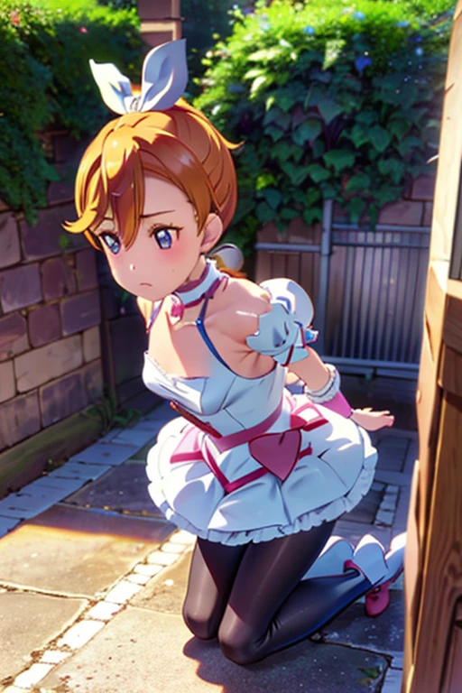 Cure Rhythm、Pretty Cure、Blonde、Long Hair、c cup breasts、(Inside the Jail)、One girl、((Pantyhose with holes))、(boots)、ponytail、(Being restrained)、Kneeling、(Black Pantyhose)