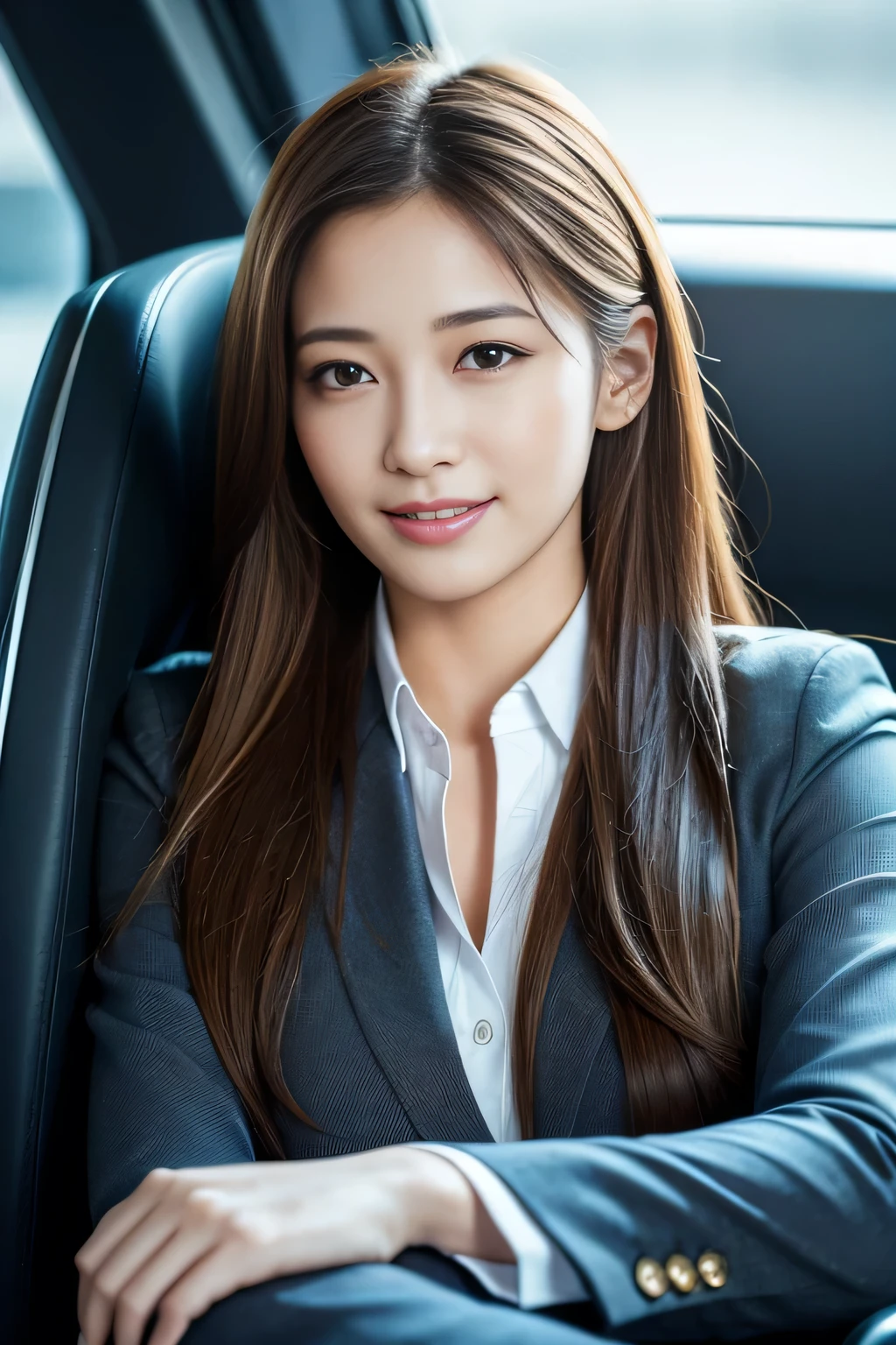 Highest quality, Realistic, Very detailed, finely, High resolution, 8k wallpaper, One beautiful woman,, Tied Hair, Wear a business suit, Sharp focus, Perfect dynamic composition, finelyて美しい目, Thin Hair, Detailed and Realistic skin texture, smile、Beautiful feet、Sit in the captain's seat、Chatting、Happy expression
