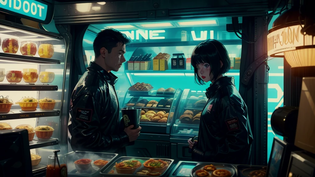 ((best quality)), ((masterpiece)), (be used to), (high quality), (accurate), (realistic), (cinematic), (best shadow), (low contrast), (8k), perfect face, ((SYd MEad style)), comic book、comic bookデザイン、storyboard、Frame splitting、((a female Replicant is talking to a shopkeeper and Udon.))、((Replicant, black hair, very short hair, blue eyes)), (Black hooded raincoat)、((Udonya food stall))、(Udon shop owner, skinny old man, Wrinkles between eyebrows), Sparkling neon signs、Congestion, Congestion, decadent Future City, neo tokyo, a.d.2051, (steam:1.2), White rain falls, dinner, (Close-up of two faces, bust)