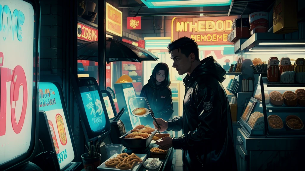 ((best quality)), ((masterpiece)), (be used to), (high quality), (accurate), (realistic), (cinematic), (best shadow), (low contrast), (8k), perfect face, ((SYd MEad style)), comic book、comic bookデザイン、storyboard、Frame splitting、((a female Replicant is talking to a shopkeeper and Udon.))、((Replicant, black hair, very short hair, blue eyes)), (Black hooded raincoat)、((Udonya food stall))、(Udon shop owner, skinny old man, Wrinkles between eyebrows), Sparkling neon signs、Congestion, Congestion, decadent Future City, neo tokyo, a.d.2051, (steam:1.2), White rain falls, dinner, (Close-up of two faces, bust)