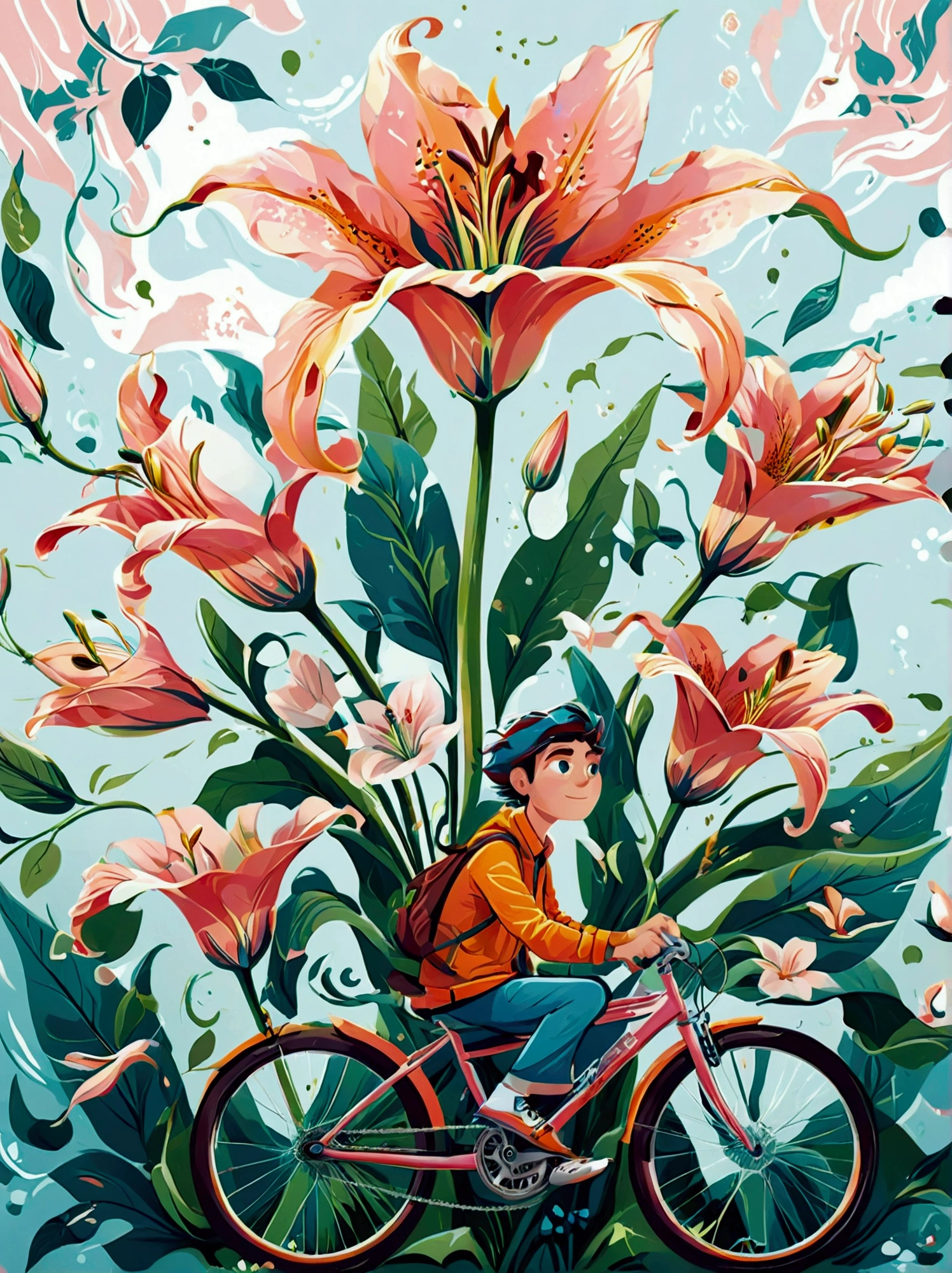 ([negative space:0.8:1.5]), a portrait of Bicycle, the background is the petals of an oversized lily, with a men, The flower has green stamens and long leaves, creating a dreamy effect. In light pink and sky blue tones, this illustration features cartoon characters and vector graphics. It was created using digital painting in the style of artists such as award winning illustrators, colorful cartoon-style illustration from an award winning animated movie, illustrated in bold outlines, showcasing its colors and shapes. The character is depicted adorned colorful energy against a white background, [mythical creature:0.8]