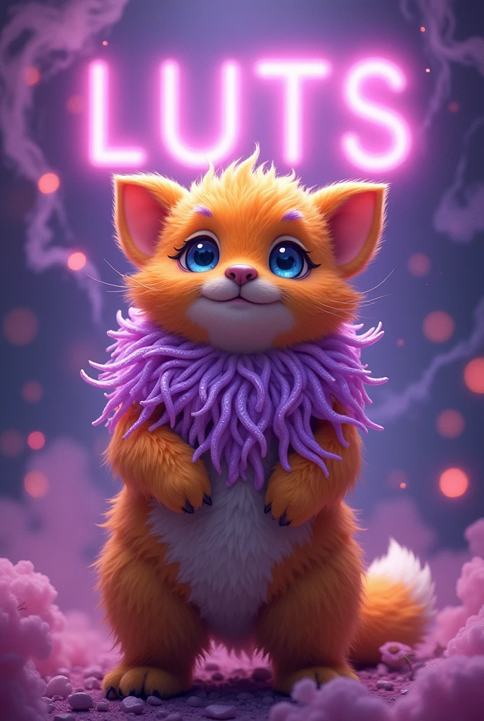 A fluffy, fairytale creature, full length, tail one, amber fur with purple hairs, very beautiful, sparkling eyes, Beautiful expressive eyes, digital, pastel drawing, magic, in the distance on the background is written in neon letters LUTS, with a lot of beautiful glowing smoke.