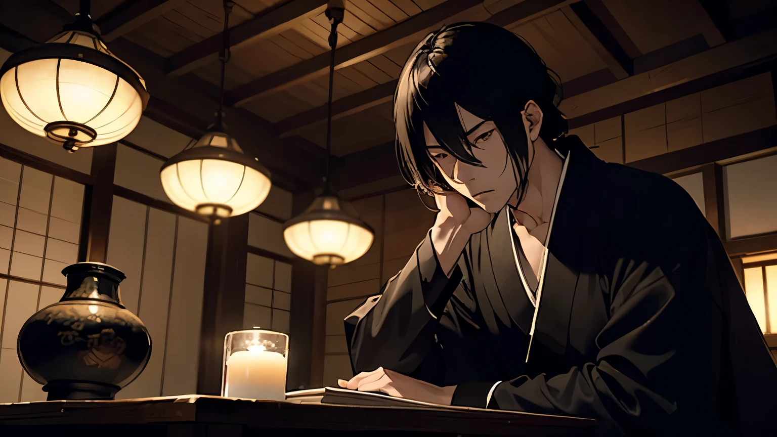 A dramatic, high-detail scene of Sakamoto Ryoma in a dimly lit room, illuminated only by the flickering light of a candle. He is seated at a low wooden table covered with ancient scrolls and detailed maps of feudal Japan. Surrounding him are shadowy figures of other samurai, their faces obscured by the darkness. Ryoma’s face is partially shadowed, with a focused, intense expression as he discusses the secret plans for the Taisei Hokan. The atmosphere is tense, with a sense of urgency and secrecy, enhanced by the intricate details of the traditional Japanese decor and the historical accuracy of the setting.
