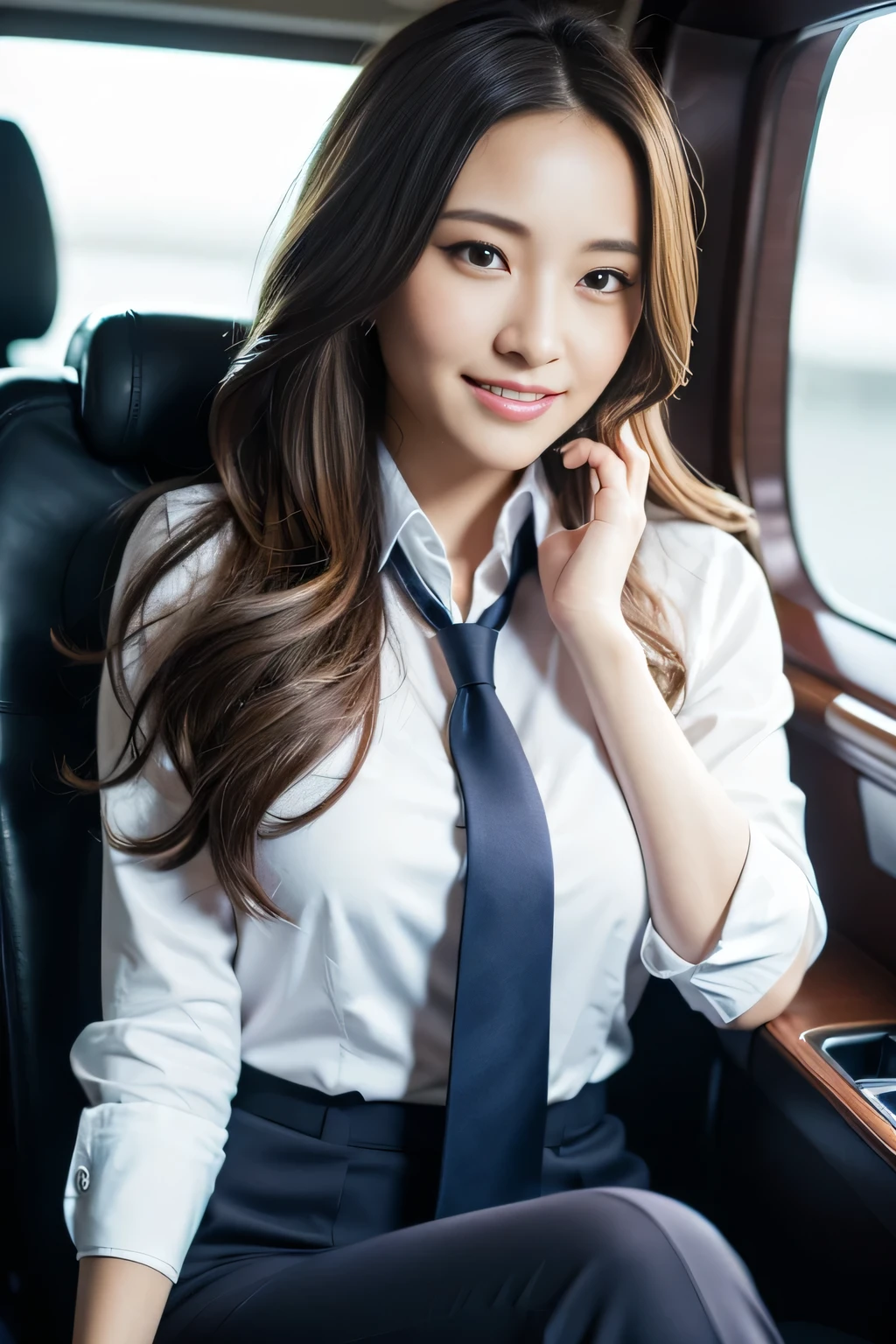Highest quality, Realistic, Very detailed, finely, High resolution, 8k wallpaper, One beautiful woman,, Tied Hair, Wear a business suit, Sharp focus, Perfect dynamic composition, finelyて美しい目, Thin Hair, Detailed and Realistic skin texture, smile、Beautiful feet、Sit in the captain's seat、Chatting、Happy expression