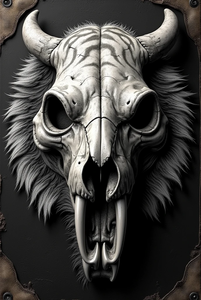 saber-toothed tiger skull、outlaw、symbol、Biker Patch、black and white、vintage style、(t-shirt design)、Masterpiece realistic volumetric light,emblem