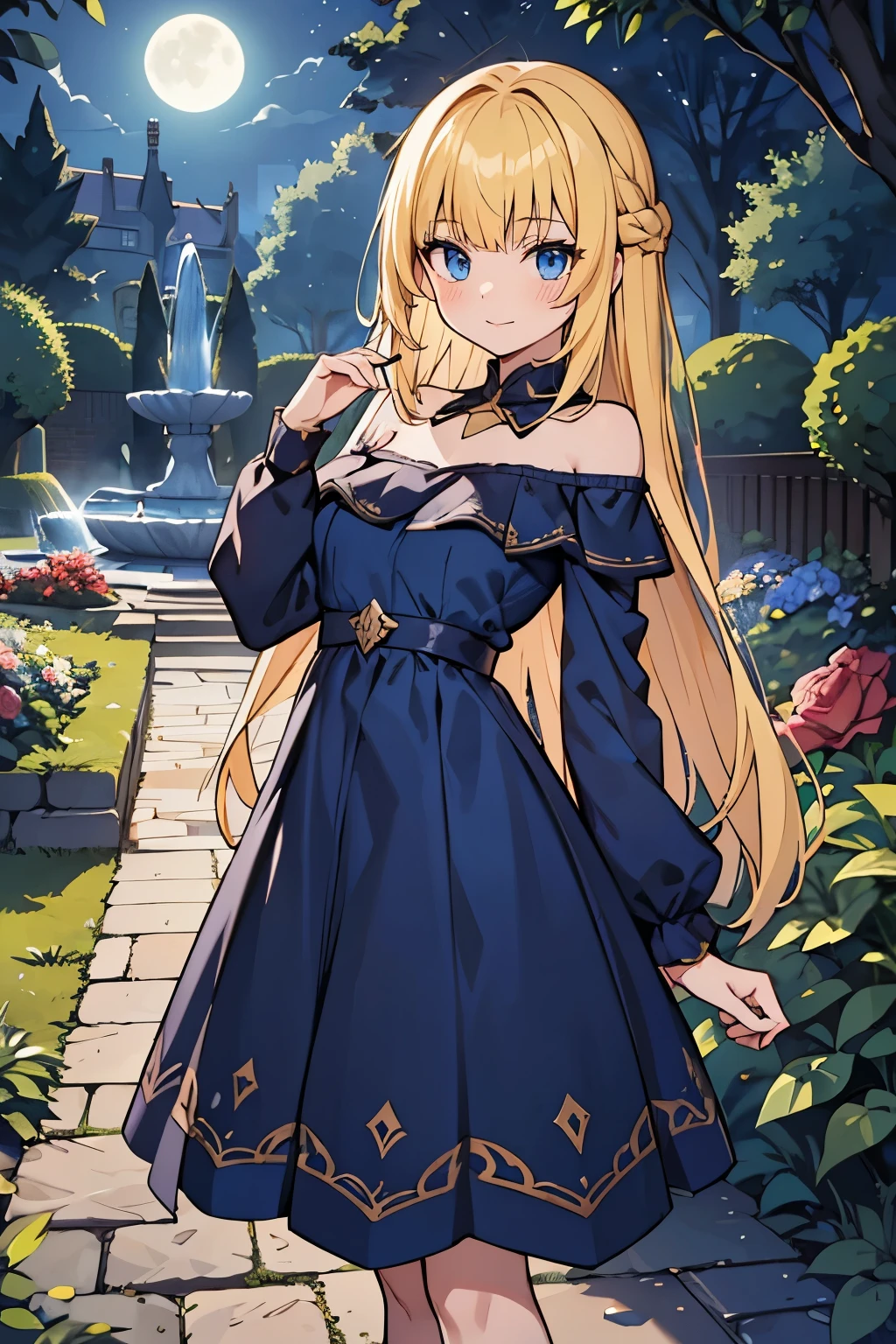 fairy_tail_style, solo, 1 girl, cowboy shot, (young female body:1.4), (medium small breasts), golden yellow hair, extra long hair, blunt bangs, crystal blue eyes, very detailed blue eyes, mansion garden, standing on a cobble pathway, a moonlit garden with a fountain, rose bushes, night time, elegant dark blue dress, maxi length blue dress, long sleeves, form fitting navy blue dress, chic evening dress, party dress, cowboy shot, flower in hair, off shoulder long sleeves, off shoulder, exposed collar bones