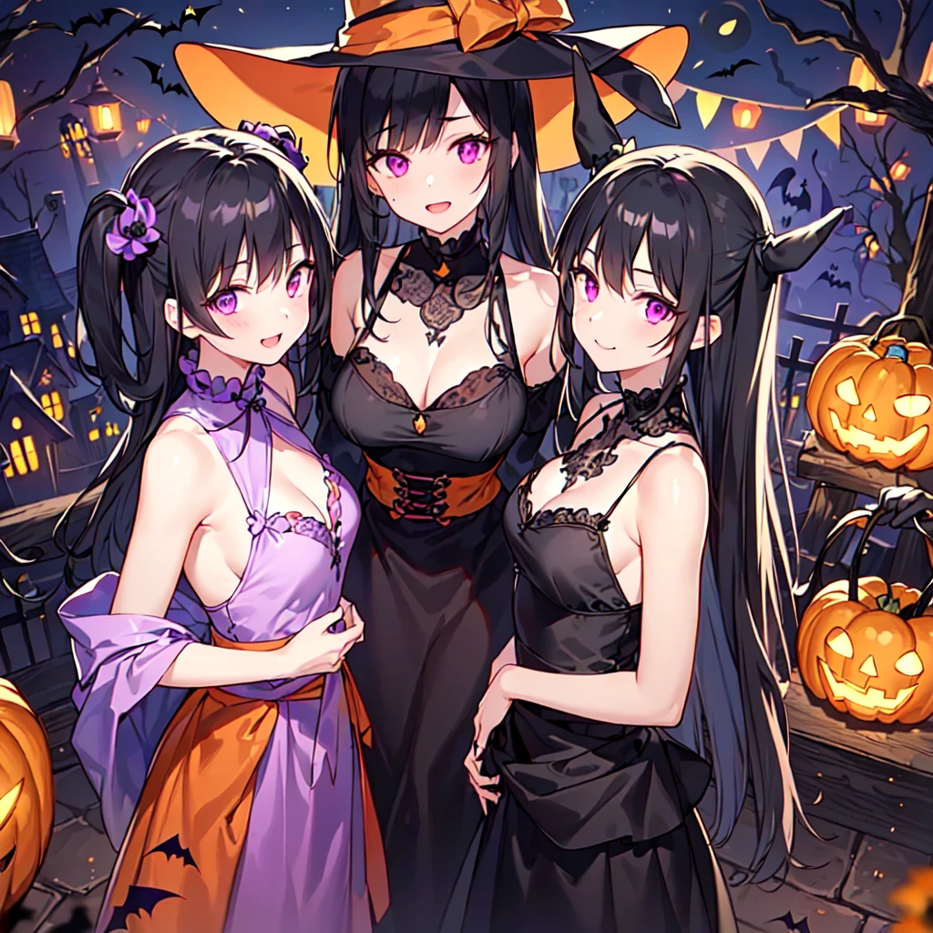 masterpiece, best quality, high quality, extremely detailed, very delicate and beautiful, (3female 18 years old Three:1.5), (long black hair up to waist with two side up:1.5), bangs to eyebrows, eyes Eyebrows glossy, (eye color magenta:1.3), 6.5 head height, (Halloween witch fashion:1.3), knee socks, lace, ruffles, (standing), (smiling), (dynamic pose), (background Halloween town:1.3), ( Lantern:1.3), (lots of Halloween candy), (moonlit night), (upper body:1.3)