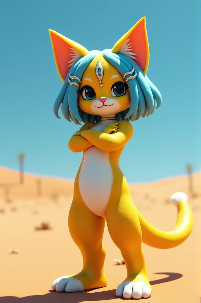 score_9, score_8_up, score_7_up, BREAK ankha \(animal crossing\), 3d, 1girl, outdoors, yellow fur, furry, two-tone fur, blue hair, furry female, animal ears, tail, naked, arms crossed, anthro, felid, feline, body fur, short hair, hair ornament, cat ears, animal feet, felis, domestic cat, blue fur, feet, snake hair ornament, desert, day, barefoot, cat tail, cat girl, sky, blunt bangs, blue eyeshadow, egyptian, hair, blue sky, looking at viewer, toes, closed mouth, outside, animal nose, flat chest, white fur, fur, stomach, black eyes, bob cut, from above