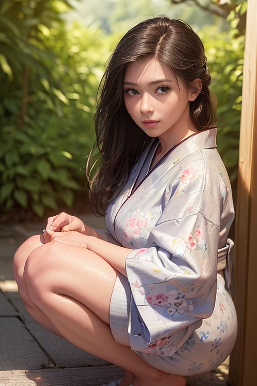 ((masterpiece, extremely realistic, photo-realism, extremely precise in every detail, best quality, beautiful detailed glow)), image of a woman in a kimono dress pointing at something, 18 years old, young skinny gravure idol, she is squatting