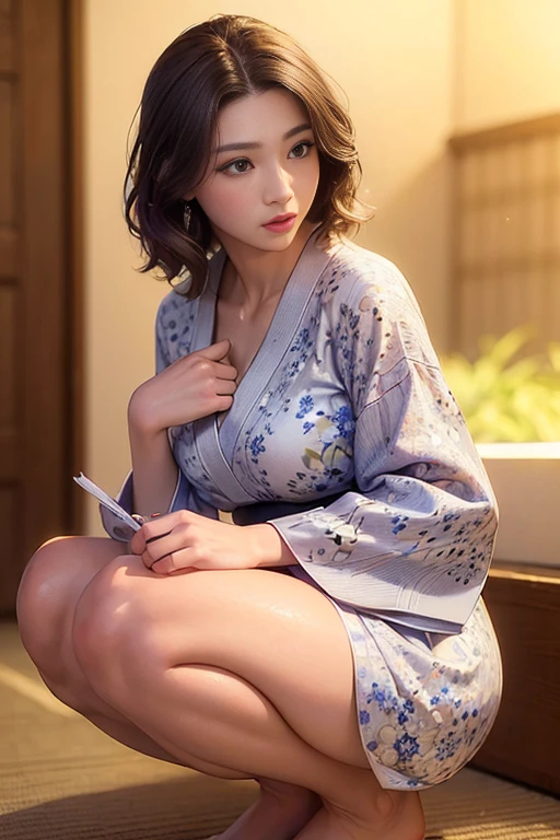 ((masterpiece, extremely realistic, photo-realism, extremely precise in every detail, best quality, beautiful detailed glow)), image of a woman in a kimono dress pointing at something, 18 years old, young skinny gravure idol, she is squatting