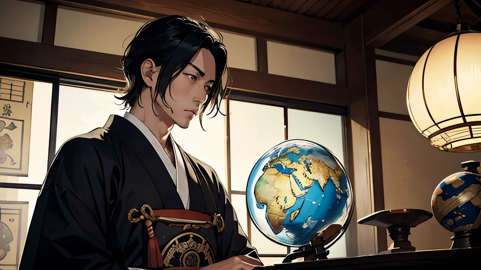 A hyper-realistic portrait of Sakamoto Ryoma in traditional Edo period samurai attire, standing confidently in a room filled with international artifacts like a globe, maps of the world, and Western books. He holds an English newspaper in one hand, with his other hand resting on a katana. The background shows a large window overlooking a bustling port with foreign ships, symbolizing his connection to the outside world. The lighting is soft, highlighting his contemplative expression as he looks into the distance, representing his forward-thinking vision for Japan.