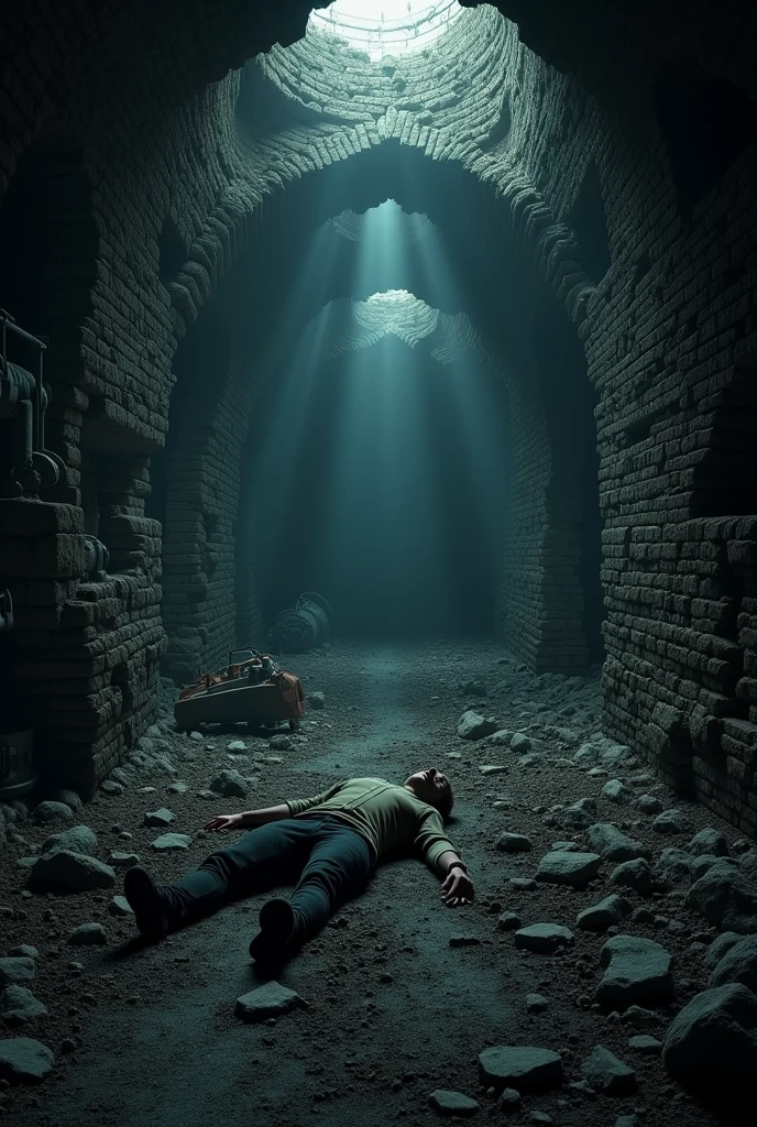 4k, ultra realistic, realistic, Wide angle of view, abandoned coal mine, scary, with a body of man
