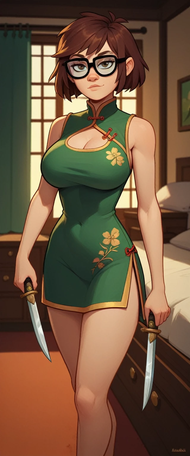 lisaloud, 1girl, solo, 24yo girl, large breasts, green cheongsam,  glasses, standing in a bedroom, looking at viewer, brown hair, short, hands  score_9, score_8_up, score_7_up, holding a dagger, throwing dagger at you