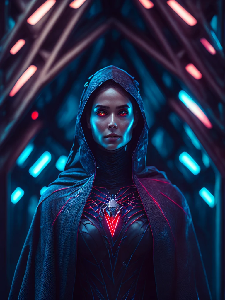 a somber portrait of Ghost Spider-woman from Marvel, with intricate angular cybernetic implants inside a brutalist building, a gothic brutalist cathedral, cyberpunk, award-winning photos, bokeh, neon lights, cybernetic limb