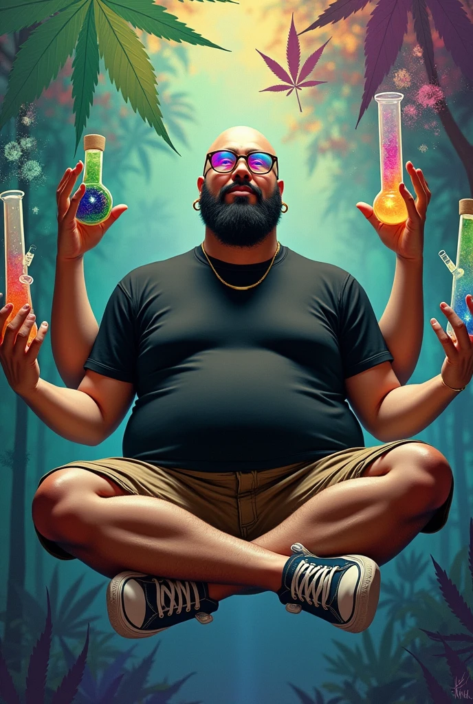 Fat bald white man with a short black beard, Glasses and small golden hoop earrings. black tee, Bermuda cargo and All Star sneakers. Floating cross-legged like a Hindu God. With 4 arms each holding something different related to marijuana. The glasses lenses should be psychedelic. And the colors should be vibrant. lsd style.