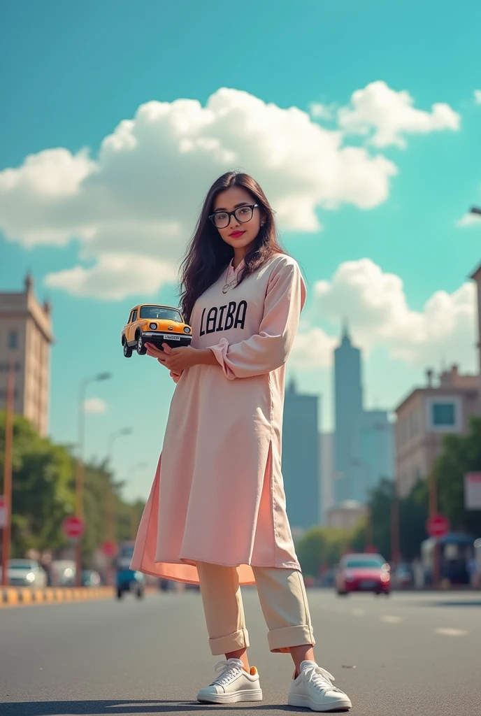 A real25"years old girl, Wearing frock and white trozar_ sneakers and the name “ laiba is written on frock black glasses her eyes hand the Girl is standing on the road with holding a national car of and behind him is the Lahore And written on sky “ Create Realistic image high quality..