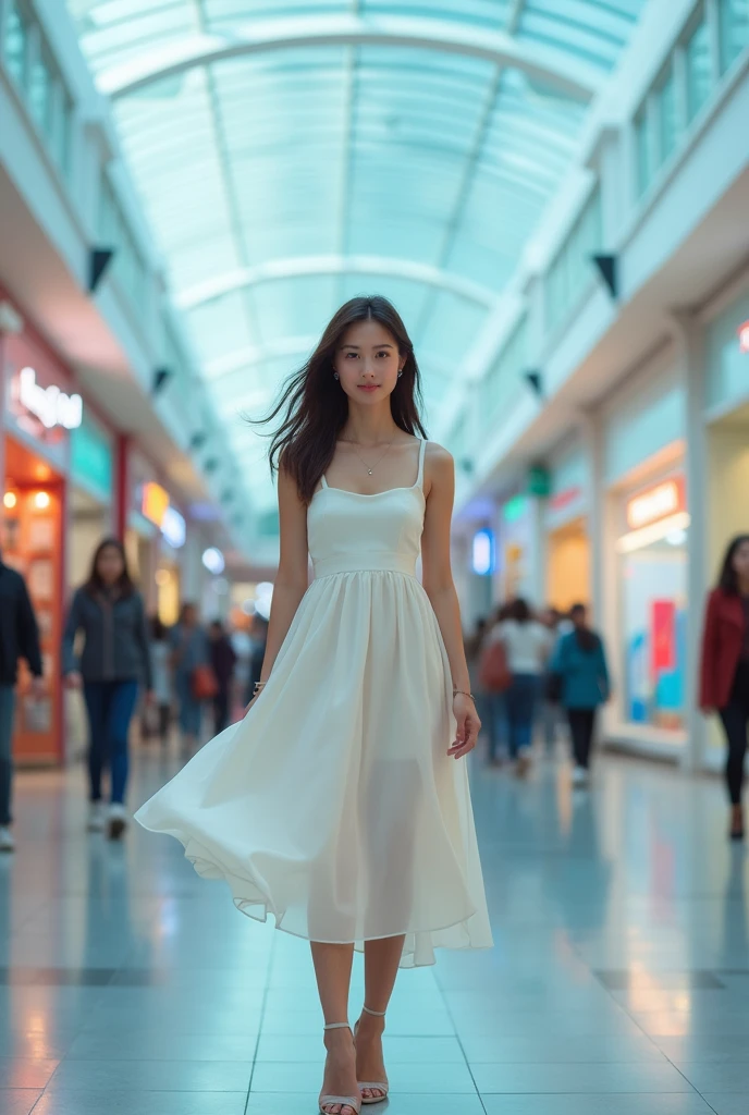 Photography of a 21 year old brunette girl, in the shopping mall, in white dress and high hell, closed mouth smile, facing forward towards the camera, full body shot, iphone 14, 4k, hd, photorealistic, great immersive lighting but looking natural, not fake