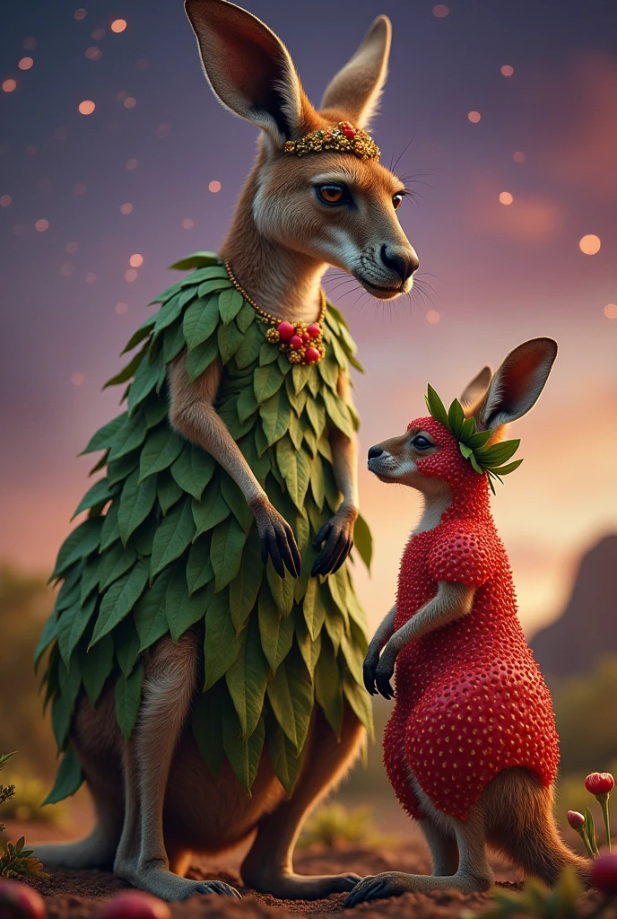 Giant kangaroo queen, mistakes her friend for food, for wearing a strawberry costume. not Disney Pixar style.
