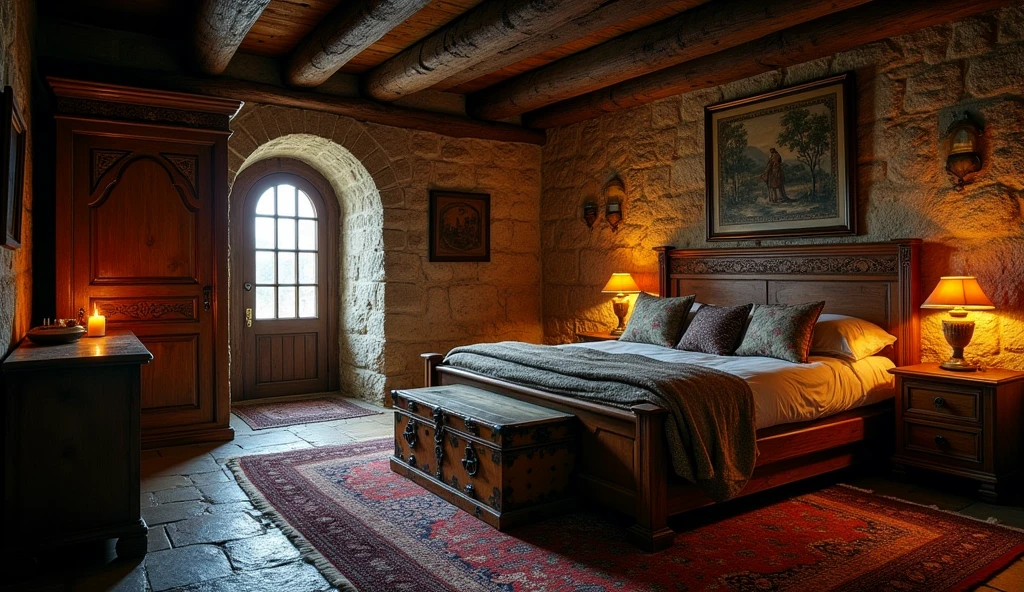 A room in an old tavern with a bed, a wardrobe and a chest and an entrance wooden door
