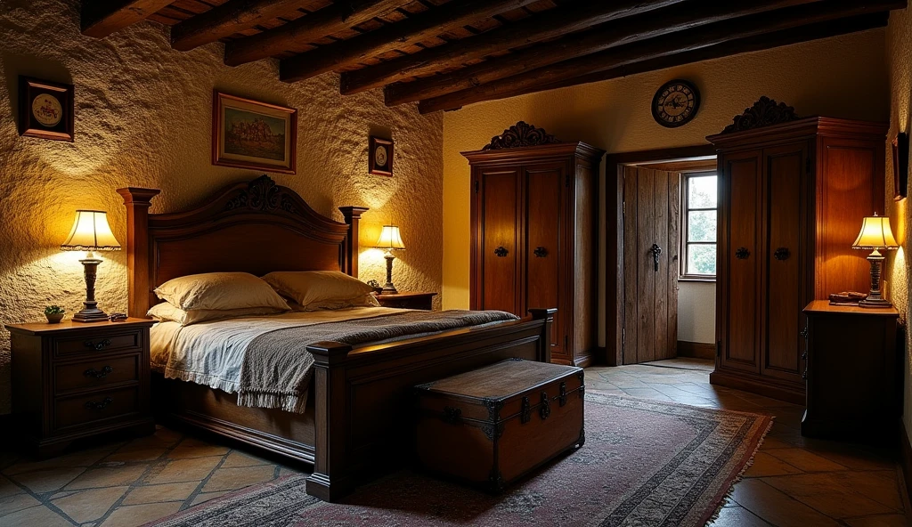 A room in an old tavern with a bed, a wardrobe and a chest and an entrance wooden door