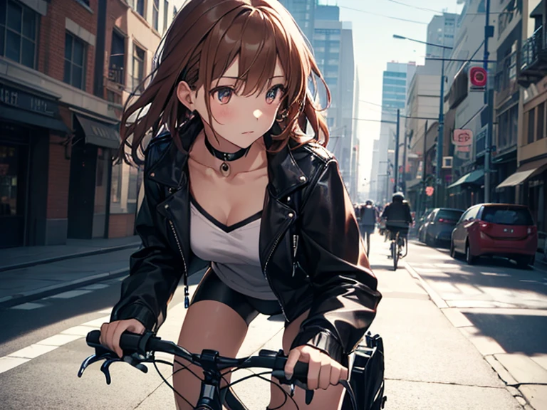 サイクリング, Riding a Bicycle, Black Leather Jacket, Riding a Bicycle, Misaka Mikoto, 1girl, black choker, uhd, retina, masterpiece, ccurate, anatomically correct, textured skin, super detail, high details, high quality, best quality, highres, 4K