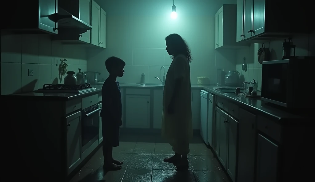 Character: Sunaina, 30 years old, looks exhausted and frustrated, wearing simple nightwear. A young boy, Abhi, around , stands near her with a puzzled expression.
Background: A dimly lit kitchen with a flickering bulb above. The tap at the sink is mysteriously running water on its own. The surroundings are slightly blurry, emphasizing the supernatural disturbance. The atmosphere should feel eerie, with shadows playing on the walls and the sink area slightly wet and glistening.