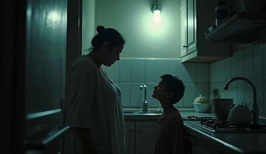 Character: Sunaina, 30 years old, looks exhausted and frustrated, wearing simple nightwear. A young boy, Abhi, around , stands near her with a puzzled expression.
Background: A dimly lit kitchen with a flickering bulb above. The tap at the sink is mysteriously running water on its own. The surroundings are slightly blurry, emphasizing the supernatural disturbance. The atmosphere should feel eerie, with shadows playing on the walls and the sink area slightly wet and glistening.