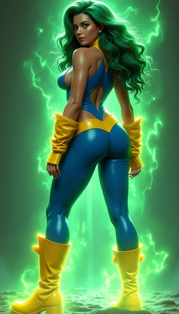 (Mystique Yellow and Blue: 1.1), (big tits: 1.2), (photorealistic: 1.3), (highest quality}, ultra-high definition, colorful, professional close-up, Mystique Yellow and Blue, lovely breasts, big and bouncy, large areolas, detailed textures, perfect skin tone, vibrant colors, erotic and seductive, NSFW, (bright lighting), (attractive: 1.2), (confident pose: 1.2), (sexy lingerie: 1.2), Blue background, Yellow dress, (stands with back facing forward: 1.2