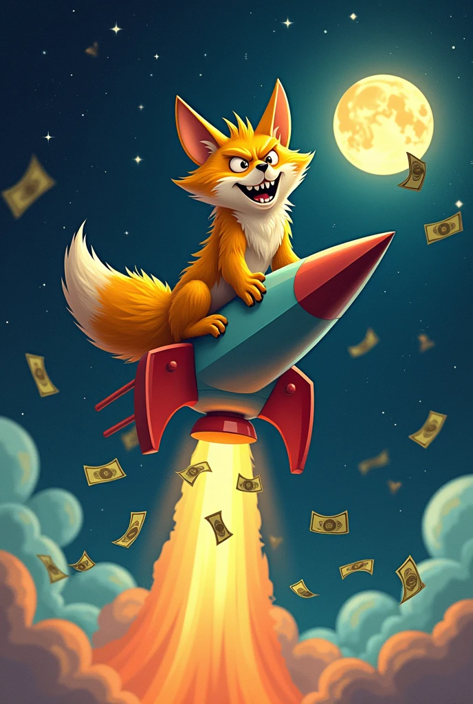 1 fox, on_rocket, money_out of rocket,evil expression, Evil_fox, rocket to moon, yellowish orange fox, Goofy_art