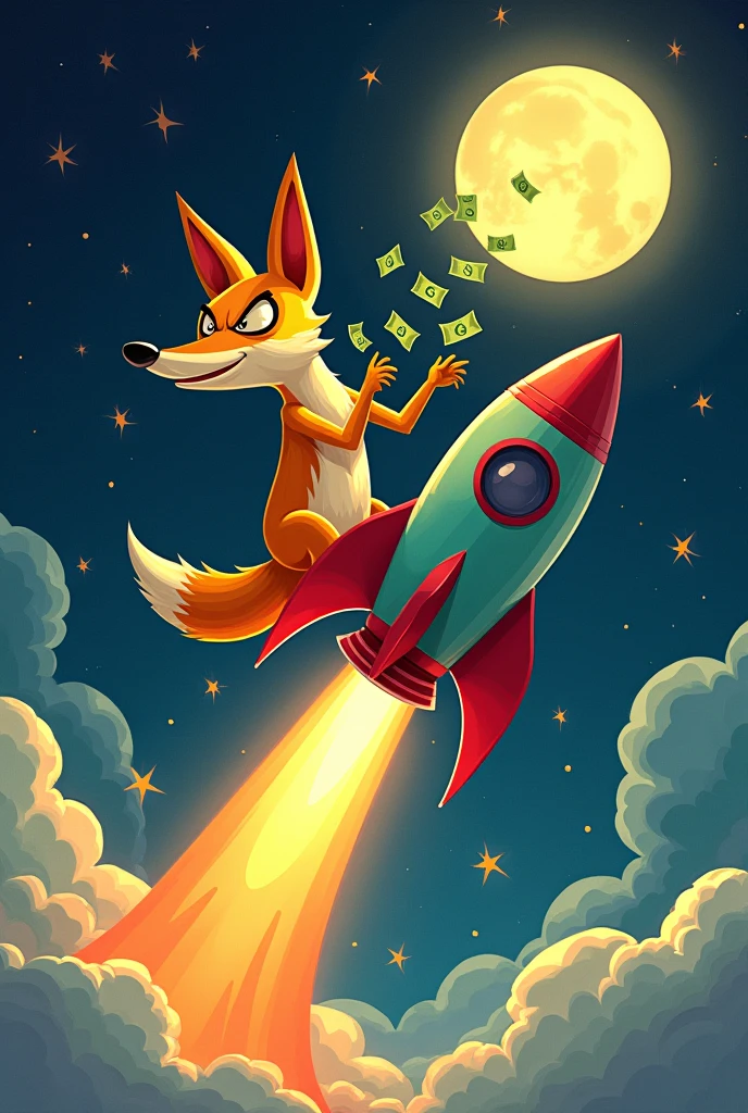 1 fox, on_rocket, money_out of rocket,evil expression, Evil_fox, rocket to moon, yellowish orange fox, Goofy_art